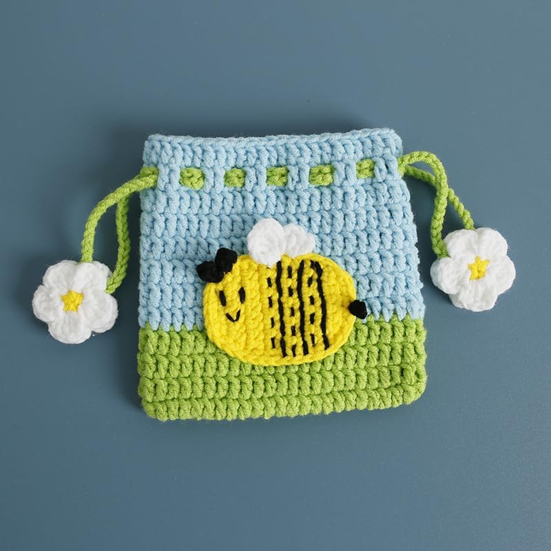BRTOO Small Crochet Purse 100% Handmade Knitted Storage Bag Cute Funny Kawaii Coin Change Purse Pouch Mini Cartoon Shark Funny Plush Drawstring Headphone Wallet for Women Girls Gift(Bee) - Image 2